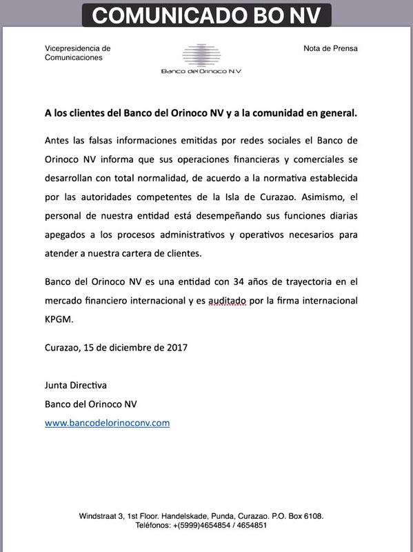 Victor Vargas Irausquín - Comunicado Banco del Orinoco