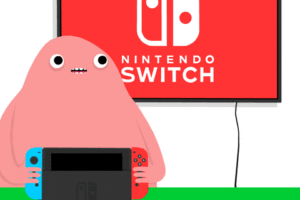 Ilustración de persona animada rosada, seguidora de Nintendo Switch, utilizando la consola.- Blog Hola Telcel.